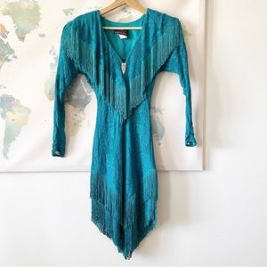 VTG Karen Okada For David Howard Climax Dress Size 3/4 Teal Floral Lace Fringe